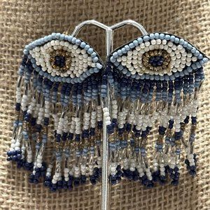 Evil Eye Pierced Earrings Large Statement Seed Bead on Leather Dangle Blue